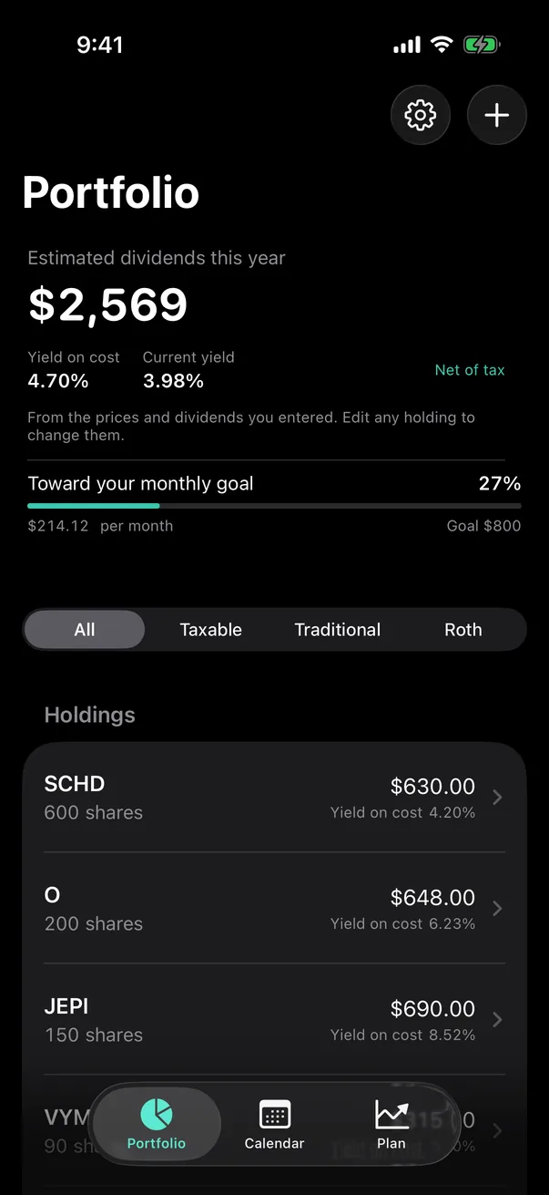 Portfolio screen: estimated dividends this year of $2,569, yield on cost 4.70 percent, current yield 3.98 percent, 27 percent of a monthly goal, and a holdings list starting with SCHD.